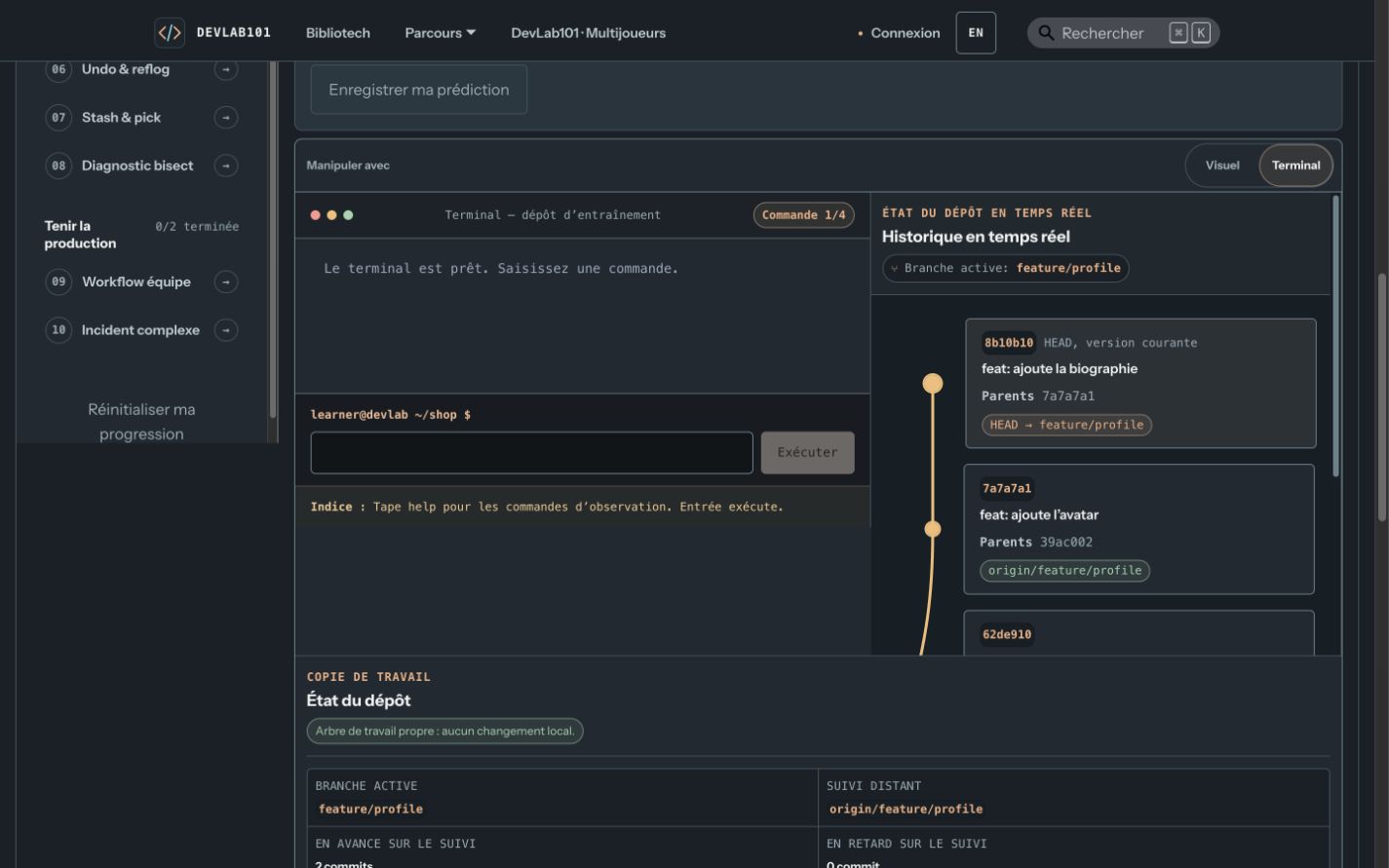 Terminal et graphe Git synchronisés dans DevLab101