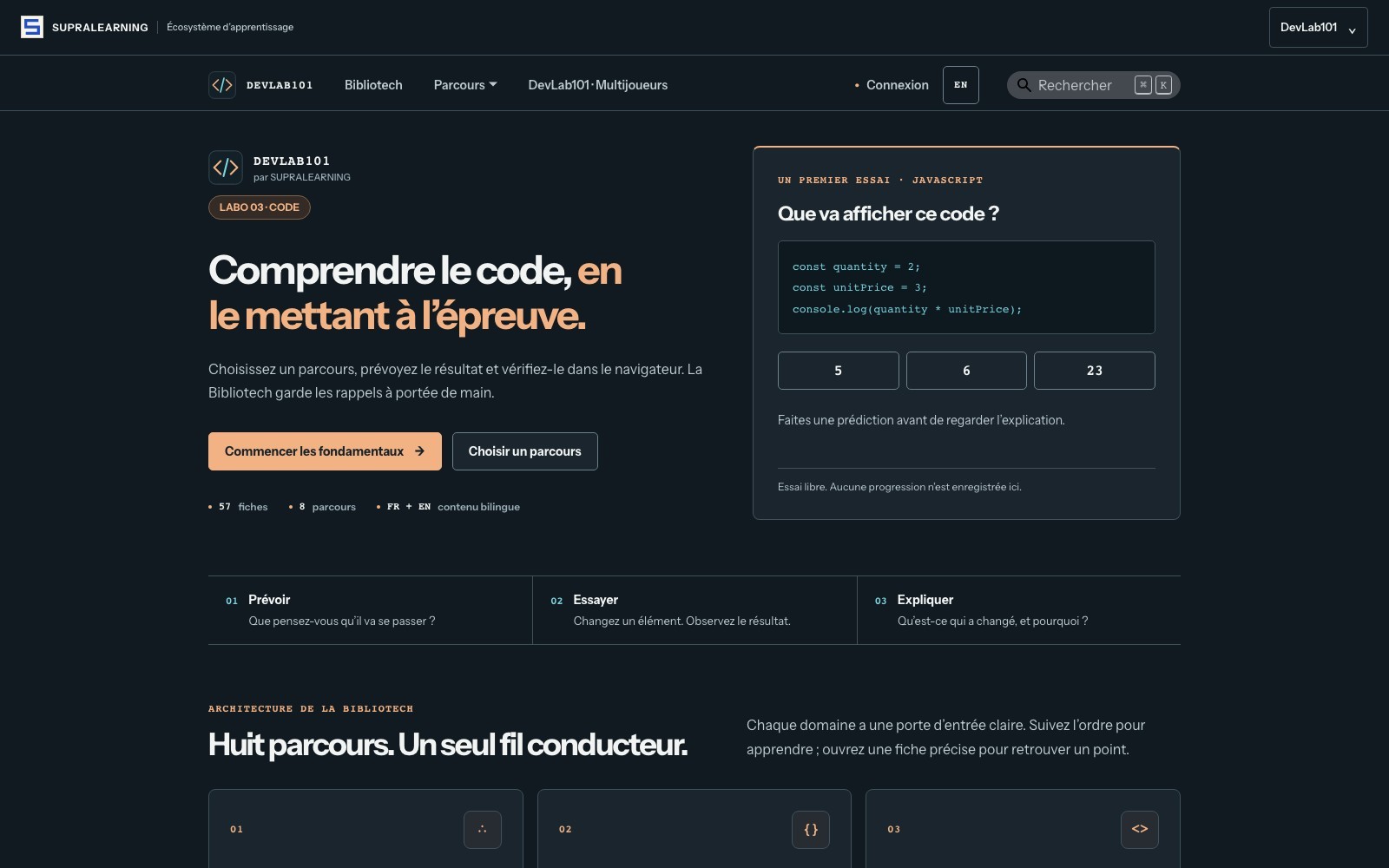 Capture de l’accueil et de la Bibliotech DevLab101