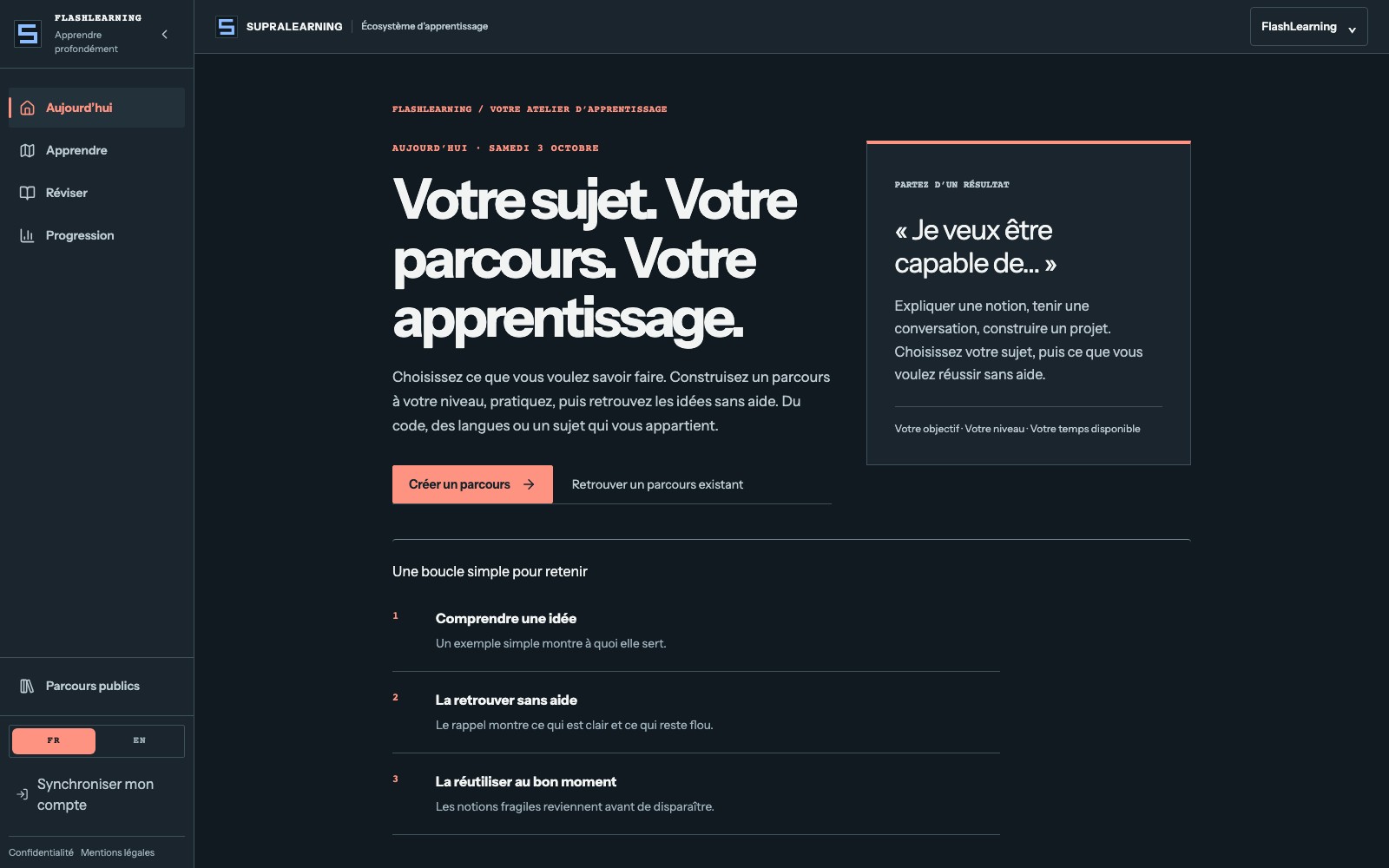 Capture de l’accueil et de la création de parcours FlashLearning